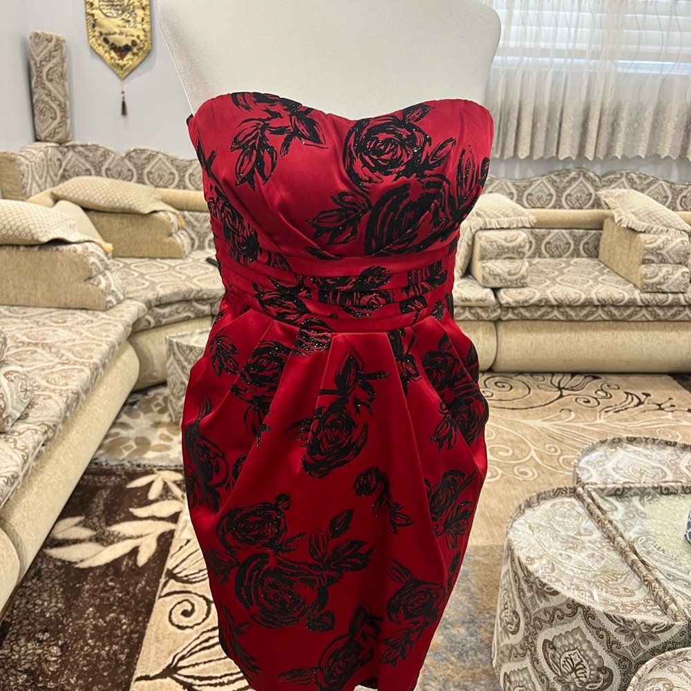 Strapless Red Floral Satin Cocktail Dress